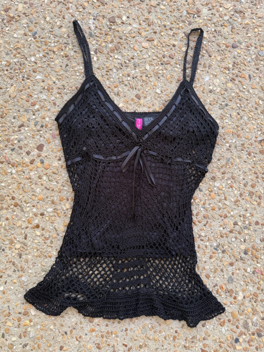 Y2K 00s Say What USA Black Crochet Open Knit Boho Tank Size S